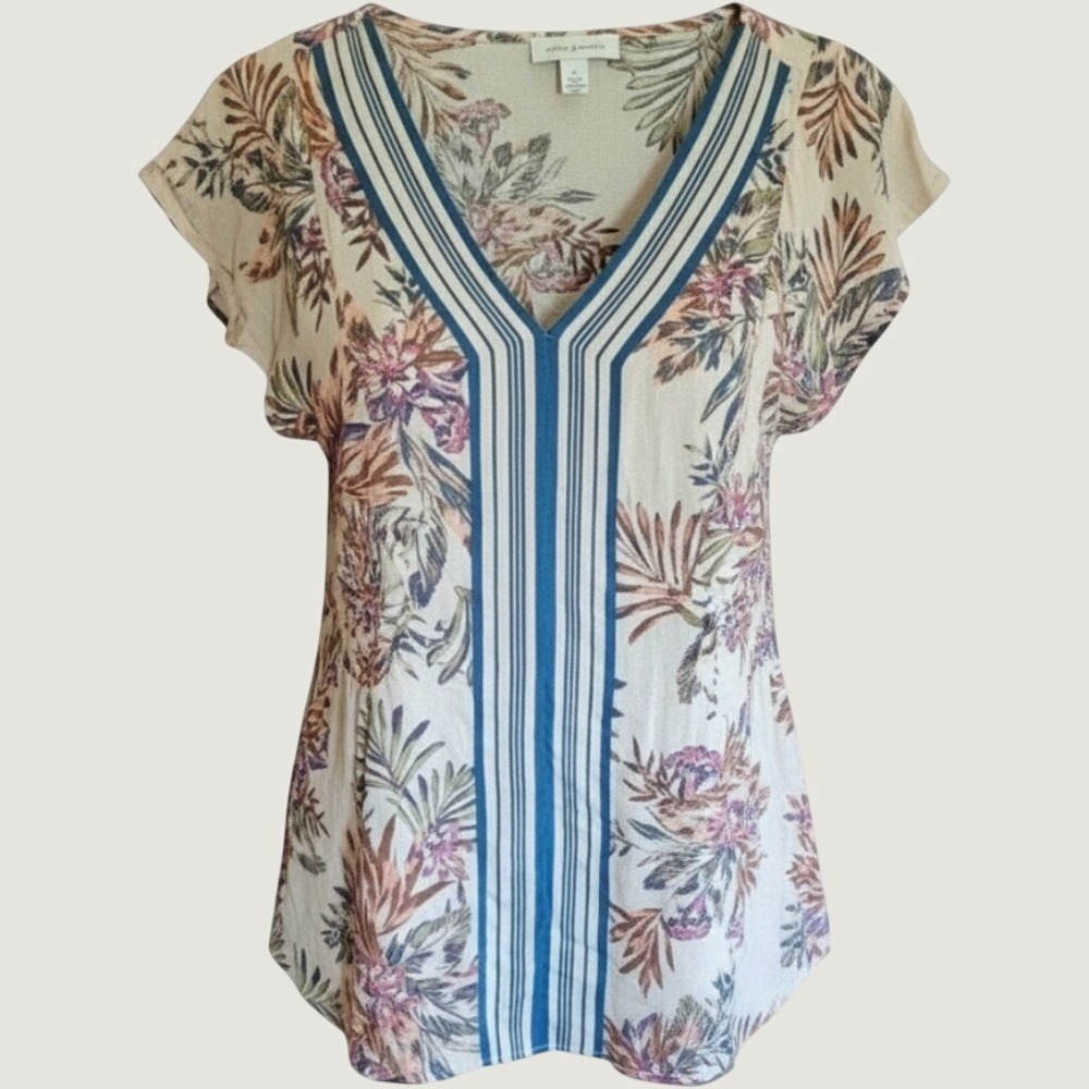 Vintage America Blues Tropical Floral V-Neck Smocked Blouse Top 1X Boho Flutter